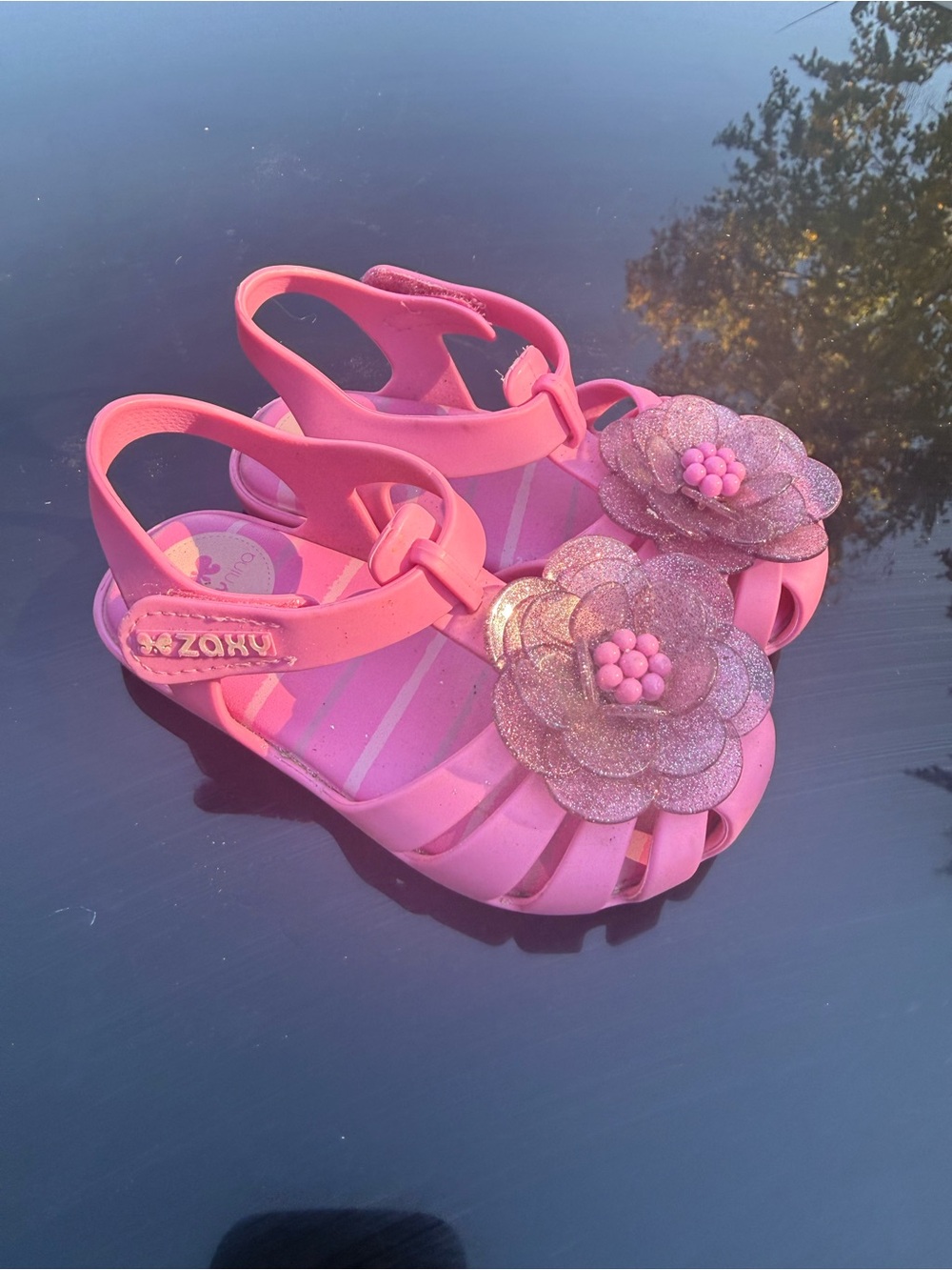Girls Pink Flower Jelly Sandals with Glitter Accent